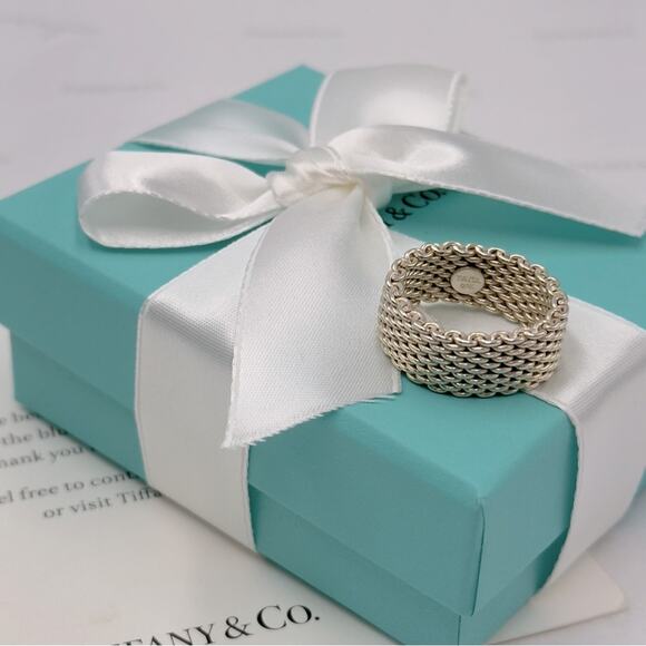 Tiffany & Co. Somerset Mesh Ring Band Size 8 Sterling Silver 925 W/ Pouch & Box - Picture 7 of 10